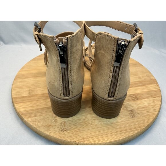 Franco Sarto Olympus Sandal 9.5 Tan Strappy Gladiator Low Heel Zip Up Back - Picture 4 of 7